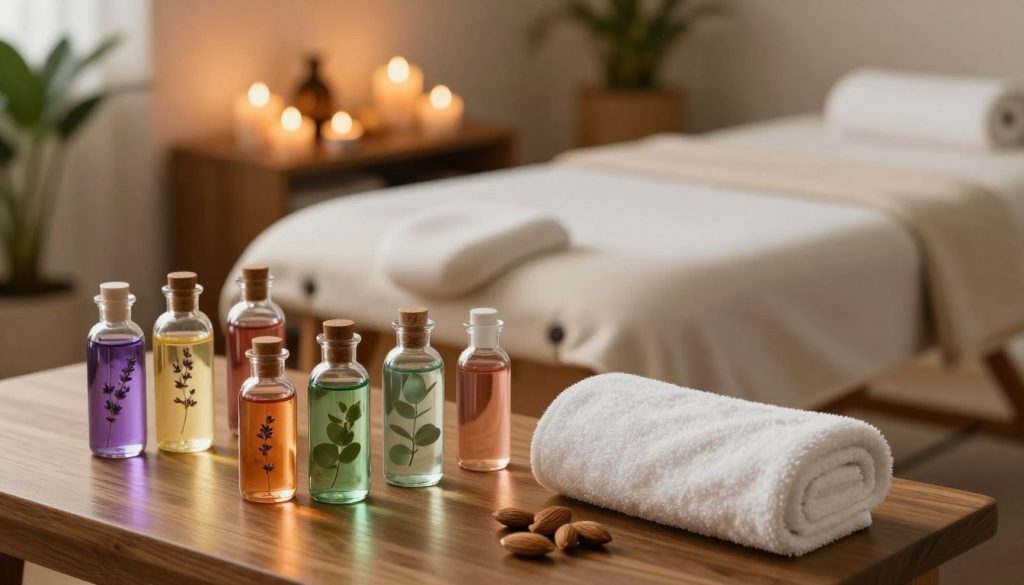 A serene and soothing image depicting an ideal massage oil selection and equipment setup. In the foreground, a variety of elegant glass bottles filled with colorful massage oils, like lavender, eucalyptus, and sweet almond, are artfully arranged on a smooth wooden table. A plush white towel and a professional-grade massage table in the center, draped with soft, neutral-colored linens. In the middle background, a softly lit ambiance with candles flickering, creating a warm glow. Greenery, like potted plants or fresh herbs, adds a touch of nature. The lighting is warm and inviting, enhancing the calming atmosphere. The lens captures the scene from a slight overhead angle, providing a comprehensive view of the equipment and oils. The overall mood is tranquil and professional, embodying relaxation and wellness.