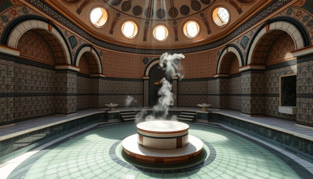 A serene and timeless Turkish hamam (bathhouse) nestled in the heart of historic Istanbul. Sunlight filters through ornate domed ceilings, casting a warm glow on the intricate tile patterns and polished marble surfaces. Wisps of steam rise from the central heated plinth, creating an atmosphere of tranquility and rejuvenation. In the background, arched alcoves and recessed niches hint at the building's rich architectural heritage. The scene evokes the centuries-old tradition of self-care, relaxation, and community that has been woven into the fabric of Istanbul's culture. A serene and timeless Turkish hamam (bathhouse) nestled in the heart of historic Istanbul. Sunlight filters through ornate domed ceilings, casting a warm glow on the intricate tile patterns and polished marble surfaces. Wisps of steam rise from the central heated plinth, creating an atmosphere of tranquility and rejuvenation. In the background, arched alcoves and recessed niches hint at the building's rich architectural heritage. The scene evokes the centuries-old tradition of self-care, relaxation, and community that has been woven into the fabric of Istanbul's culture.