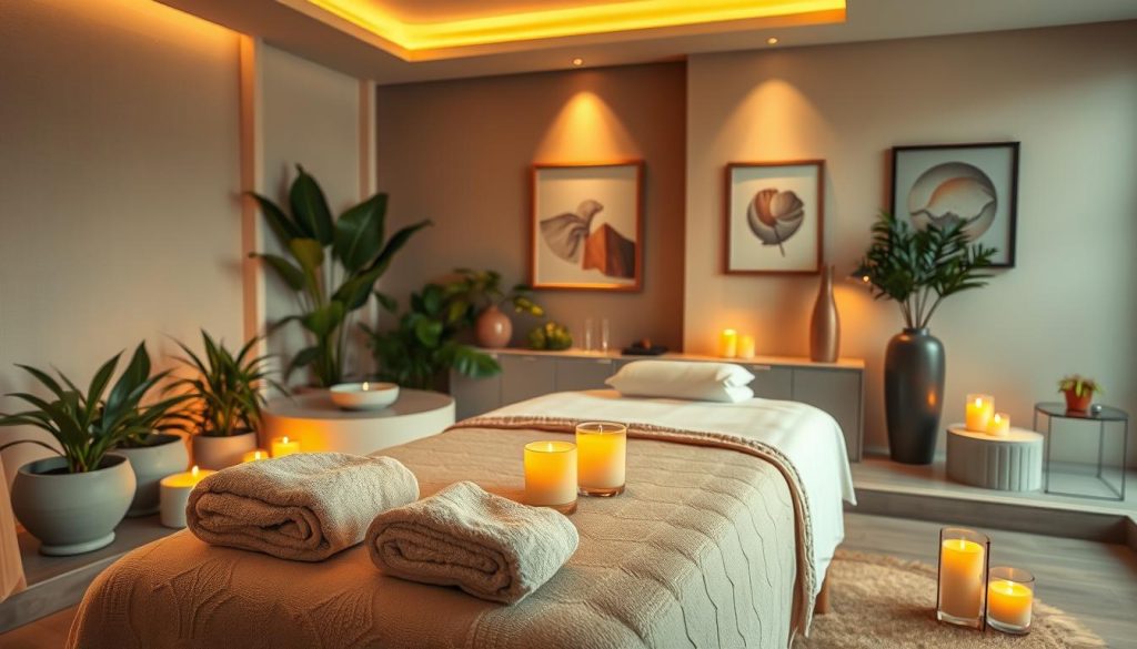 A serene and tranquil Butik Masaj space, featuring elegant decor that exudes relaxation. In the foreground, showcase a cozy massage table adorned with soft, warm towels and aromatic candles emitting a gentle glow. The middle ground includes lush indoor plants and subtle water features, creating a soothing atmosphere. The background displays softly lit, muted walls painted in calming colors, with stylish artwork and essential oil diffusers enhancing the peaceful vibe. The lighting should be warm and inviting, mimicking the golden hour. Capture the scene from a slightly elevated angle to encompass the ambiance of the space, ensuring an overall sense of calm and retreat, perfect for illustrating the essence of Butik Masaj.