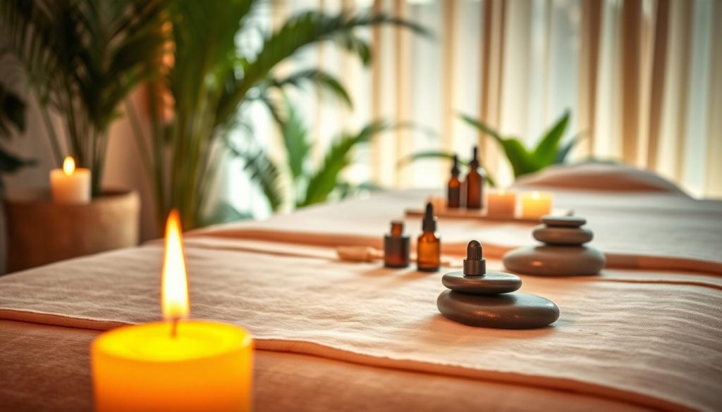 A serene and tranquil aromatherapy massage setting, focusing on an intricately arranged massage table adorned with soft, inviting linens and essential oil bottles. In the foreground, a soothing candle flickers gently, casting warm, golden light that creates a calming atmosphere. The middle ground features a well-organized array of massage tools and decorative stones, contributing to the holistic vibe. In the background, lush green plants and soft fabric drapes create a spa-like ambiance, enhancing the relaxation theme. The lighting is soft and ambient, reminiscent of an early evening glow, evoking a sense of peace and wellness. The overall mood is soothing and harmonious, ideal for representing the balance between touch and aromatherapy in a massage session.