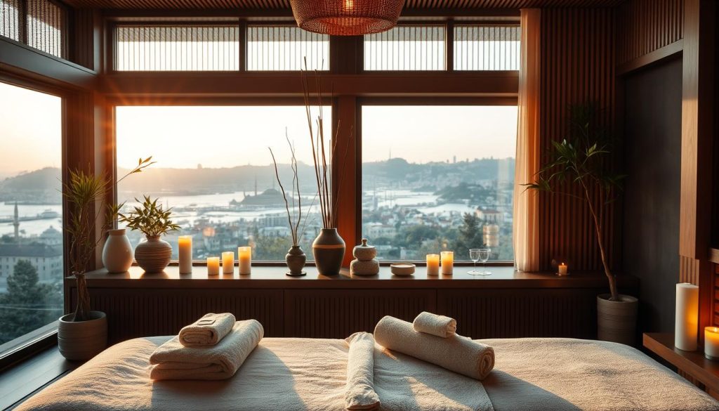 A serene and tranquil boutique massage center in Istanbul, showcasing a harmonious blend of traditional and modern design elements. In the foreground, an inviting massage table adorned with soft towels and aromatic candles, exuding calming scents. The middle ground features decorative elements such as bamboo plants and soothing water features, creating a peaceful ambiance. Soft, warm lighting illuminates the space, highlighting textures like natural wood and plush fabrics. In the background, large windows reveal glimpses of Istanbul’s skyline bathed in golden hour light, enhancing the tranquil atmosphere. The overall mood is one of relaxation and serenity, perfect for a peaceful escape from the bustling city life.