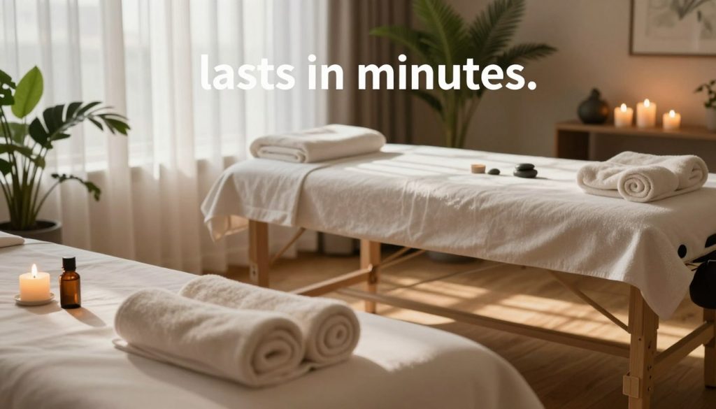 A serene and tranquil massage room showcasing a comfortable massage table surrounded by calming elements. In the foreground, soft, plush towels are neatly arranged, and aromatic candles emit a warm, inviting glow. The middle layer features a peaceful ambiance with essential oils and soothing stones placed tastefully around the room. Delicate sunlight filters through sheer curtains, casting gentle light patterns on the wooden floor. In the background, lush green plants add a touch of nature, enhancing the atmosphere of relaxation. The overall mood is one of calmness and tranquility, emphasizing the concept of time spent unwinding, reflecting the essence of a massage session that "lasts in minutes." The image should evoke feelings of peace and relaxation without the presence of human figures or text elements. A serene and tranquil massage room showcasing a comfortable massage table surrounded by calming elements. In the foreground, soft, plush towels are neatly arranged, and aromatic candles emit a warm, inviting glow. The middle layer features a peaceful ambiance with essential oils and soothing stones placed tastefully around the room. Delicate sunlight filters through sheer curtains, casting gentle light patterns on the wooden floor. In the background, lush green plants add a touch of nature, enhancing the atmosphere of relaxation. The overall mood is one of calmness and tranquility, emphasizing the concept of time spent unwinding, reflecting the essence of a massage session that "lasts in minutes." The image should evoke feelings of peace and relaxation without the presence of human figures or text elements.