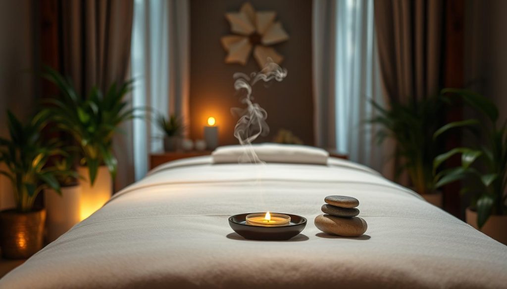 A serene and tranquil massage scene set in a cozy, dimly lit room. Soft ambient lighting illuminates the plush massage table draped in crisp white linens. Lush, verdant potted plants dotting the space lend a natural, soothing ambiance. Delicate wisps of steam rise from a small bowl of aromatic essential oils, their calming scents filling the air. Smooth, polished river stones and healing crystals are thoughtfully arranged, radiating a sense of balance and wellbeing. The overall atmosphere conveys a profound relaxation, nourishing the body, mind, and spirit.