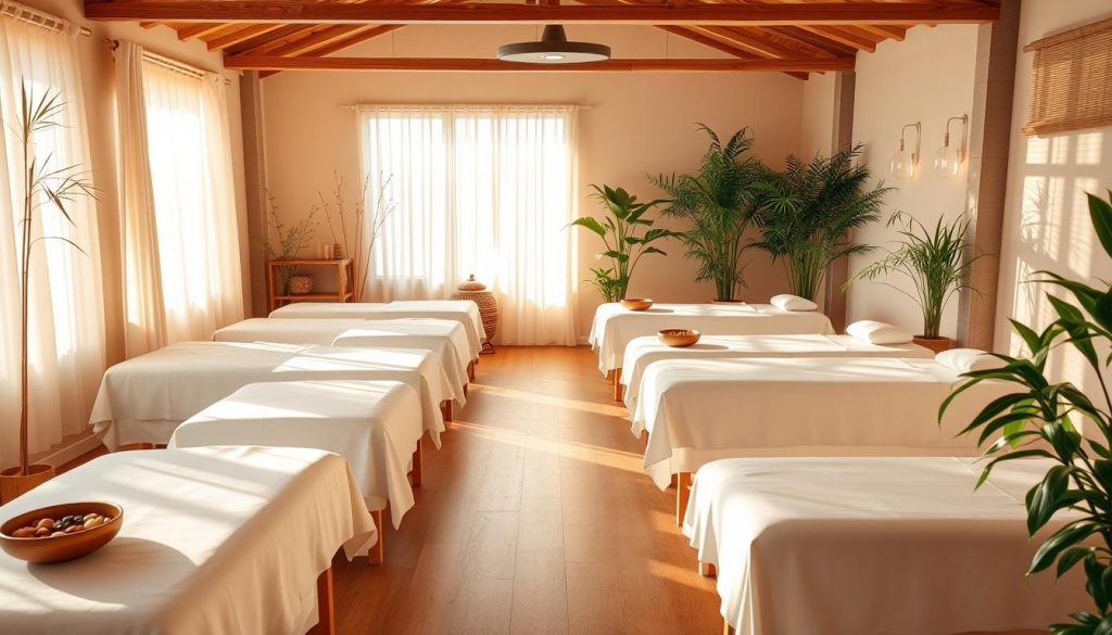 A serene and tranquil massage studio, bathed in warm, natural lighting. Rows of massage tables stand at the ready, each draped in crisp, white linens. Soft, earthy tones permeate the space, creating a calming, therapeutic atmosphere. Bowls of fragrant essential oils, bamboo accents, and lush potted plants adorn the scene, evoking a sense of harmony and relaxation. The focus is on the diverse array of massage techniques, from the long, flowing strokes of Swedish massage to the deep, targeted pressure of deep tissue work. The scene exudes a sense of wellness, balance, and the nurturing power of touch.