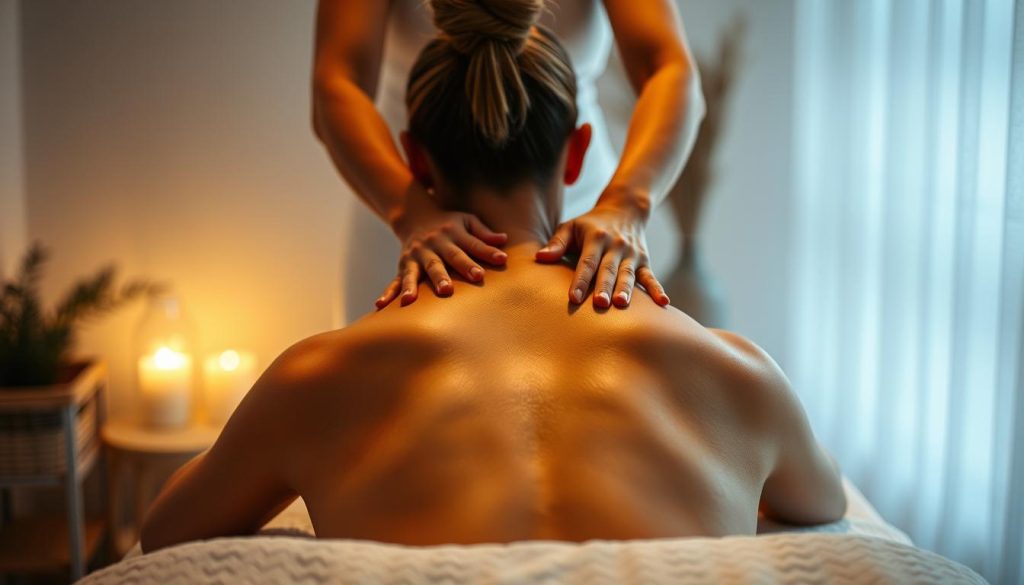 A serene and tranquil massage studio, dimly lit with soft ambient lighting. The masseuse's skilled hands glide across the client's back, kneading and manipulating the muscles with a rhythmic, flowing motion. Soothing strokes alternate with deep tissue pressure, promoting relaxation and improved circulation. The client's face is hidden, but their body language exudes a sense of utter calm and contentment. The room is adorned with minimal, Scandinavian-inspired decor, evoking the essence of a traditional Swedish massage experience. The scene conveys a sense of harmony, balance, and the therapeutic power of this holistic practice.