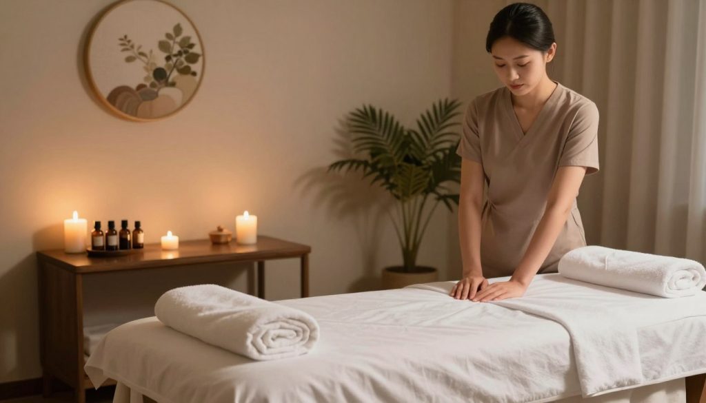 A serene and tranquil massage therapy room, showcasing the preparation space before and after a session. In the foreground, a luxurious massage table draped with clean white sheets, accompanied by soft towels neatly arranged. Essential oils and soothing candles are strategically placed on a nearby table, creating a relaxing atmosphere. The middle layer features a dimmed ambiance with warm lighting casting soft shadows across the room, enhancing the calming effect. A background with elegant wall decor, potted plants, and gentle colors adds to the serene environment. The overall mood is peaceful and inviting, reflecting the importance of preparation for a massage therapy session, with a focus on relaxation and wellness. A serene and tranquil massage therapy room, showcasing the preparation space before and after a session. In the foreground, a luxurious massage table draped with clean white sheets, accompanied by soft towels neatly arranged. Essential oils and soothing candles are strategically placed on a nearby table, creating a relaxing atmosphere. The middle layer features a dimmed ambiance with warm lighting casting soft shadows across the room, enhancing the calming effect. A background with elegant wall decor, potted plants, and gentle colors adds to the serene environment. The overall mood is peaceful and inviting, reflecting the importance of preparation for a massage therapy session, with a focus on relaxation and wellness.
