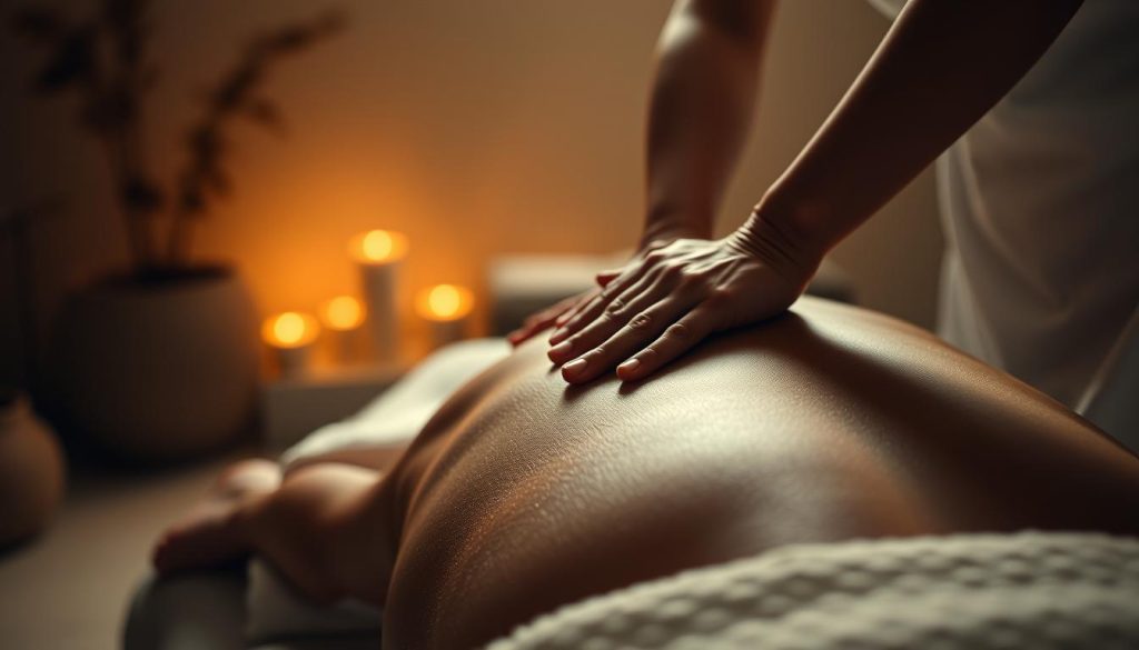 A serene and tranquil scene of a deep tissue massage with intricate kneading and pressure techniques, captured in a dimly lit, cozy spa-like setting. Subtle, warm lighting creates a calming atmosphere, accentuating the soothing textures of the therapist's hands as they expertly navigate the contours of the client's back. The foreground is dominated by a close-up view of the massage, highlighting the therapist's skilled application of the "derin doku" technique. The middle ground features soft, plush linens and a minimalist massage table, while the background subtly suggests a serene, natural ambiance, perhaps with the faint silhouettes of natural elements like plants or rocks. The overall mood is one of deep relaxation, harmony, and the exceptional mastery of professional massage therapy.