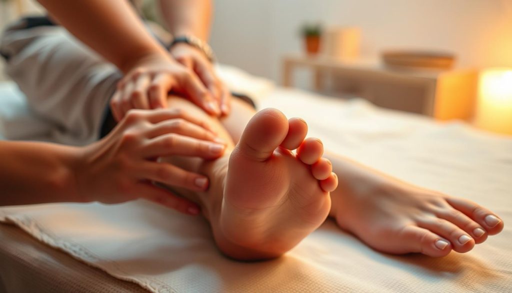 A serene and tranquil scene of a foot and leg massage, captured with warm lighting and a soft, atmospheric mood. The foreground features a pair of hands gently kneading and manipulating the muscles of the feet, with a focus on the soles, ankles, and lower legs. The middle ground showcases the relaxed, reclined leg of the recipient, clad in comfortable, casual attire. The background is blurred, creating a sense of intimacy and focus on the massage technique. The lighting is diffused and gentle, casting a calming, diffused glow over the scene. The overall composition and angle suggest a professional, therapeutic massage session, without any distracting elements.