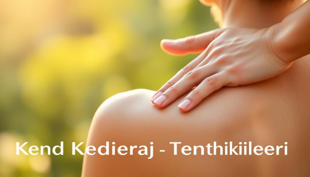A serene and tranquil scene of a person's hands gently massaging their own shoulders, the soft light casting a warm glow on the skin. The figure is posed against a blurred, natural backdrop, evoking a sense of relaxation and self-care. The massage techniques are showcased through the graceful movements, with a focus on the key pressure points and techniques used to alleviate tension. The overall atmosphere is one of mindfulness and self-nurturing, creating a visually engaging representation of the "Kendi Kendine Masaj Teknikleri" concept.
