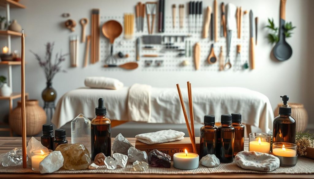 A serene and tranquil scene of various alternative therapy tools and techniques. In the foreground, an array of natural healing crystals, essential oils, and incense sticks emit a calming glow. The middle ground features a zen-inspired massage table draped with soft, organic linens. In the background, a wall-mounted display showcases an assortment of acupuncture needles, herbal remedies, and therapeutic massage implements. The lighting is soft and diffused, creating a soothing and inviting atmosphere. The overall composition conveys a sense of balance, harmony, and holistic well-being.