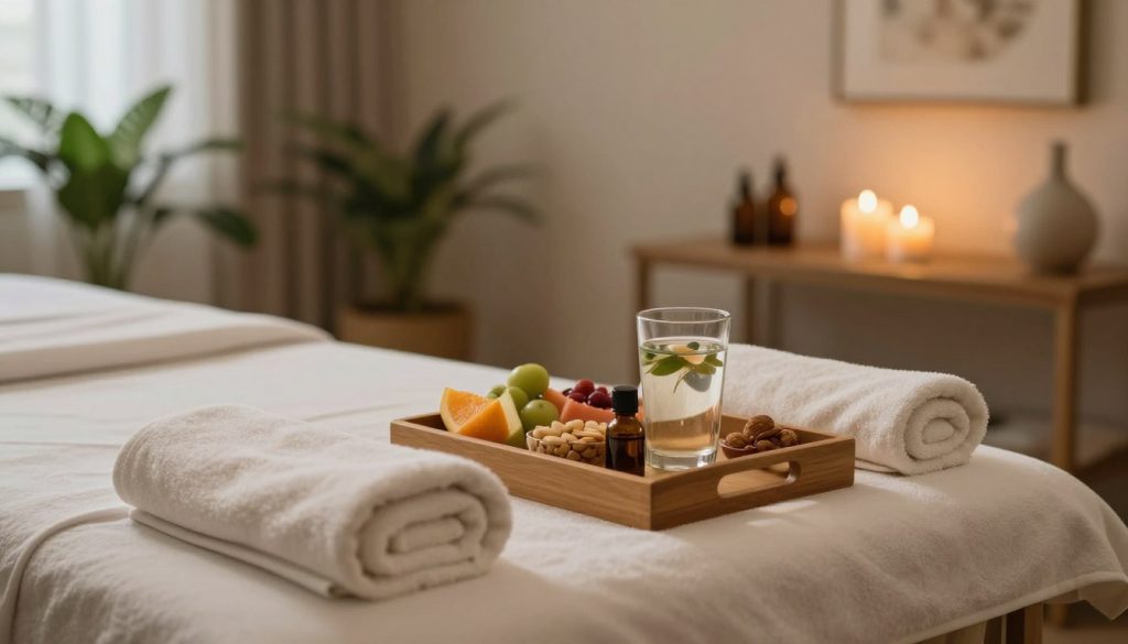A serene and tranquil setting depicting a relaxing post-massage environment. In the foreground, a softly lit massage table is adorned with fresh towels and calming essential oils, evoking a sense of comfort. In the middle ground, a wooden tray holds a selection of healthy snacks, such as fruits and nuts, alongside a glass of infused water, emphasizing nutrition. The background features a softly lit room with plants and calming decor, such as candles and soothing artwork that enhances the peaceful ambiance. The overall mood should be calming and restorative, with warm, natural lighting to create a cozy atmosphere perfect for relaxation and rejuvenation.