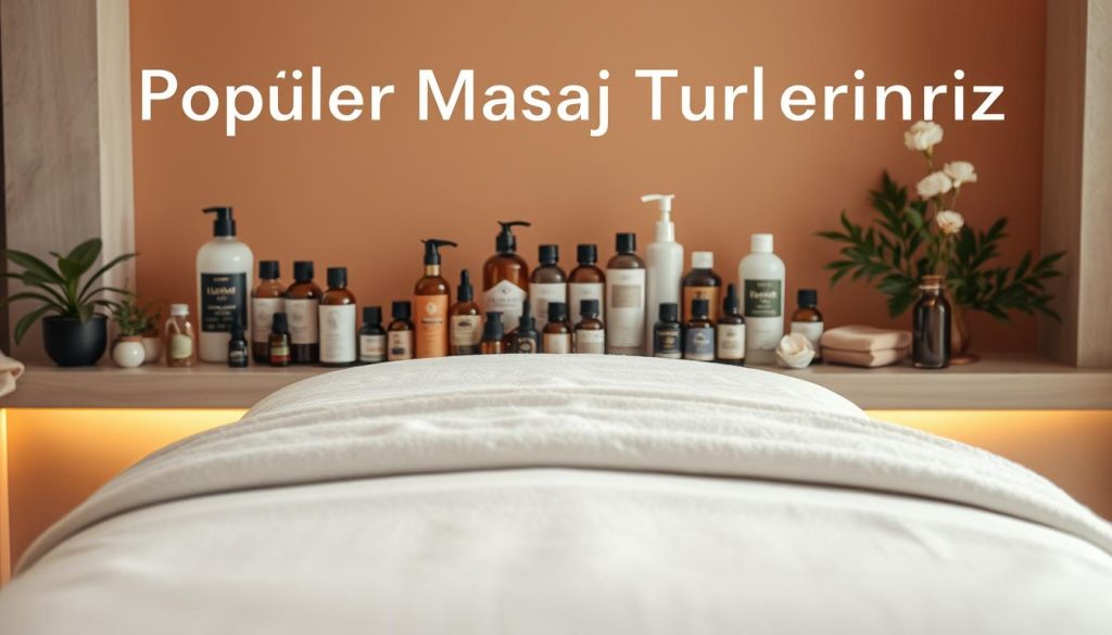 A serene and tranquil setting showcasing various popular massage techniques. In the foreground, a luxurious massage table with soft, plush linens invites the viewer to experience a moment of relaxation. In the middle ground, an array of massage oils, lotions, and essential oils are neatly arranged, suggesting the high-quality treatments available. The background features warm, muted tones and a gentle, diffused lighting, creating a calming and rejuvenating atmosphere. The overall composition evokes a sense of wellbeing and professionalism, perfectly suited to illustrate the "Popüler Masaj Türlerimiz" section of the article.
