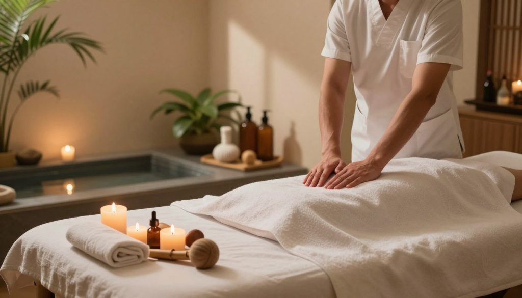 A serene and tranquil spa environment showcasing the fundamentals and techniques of classical massage. In the foreground, a neatly arranged massage table adorned with soft, clean linens, and elegant aromatherapy candles providing a warm glow. On the side, a selection of massage oils and tools including wooden massage balls and bamboo sticks, artistically arranged to highlight their use in the therapy. In the middle ground, an inviting atmosphere with natural plants and a peaceful water feature, enhancing relaxation. The background features calming, soft lighting that casts gentle shadows, evoking a sense of peace and well-being. The overall mood is soothing and professional, emphasizing the art and science behind classical massage techniques.
