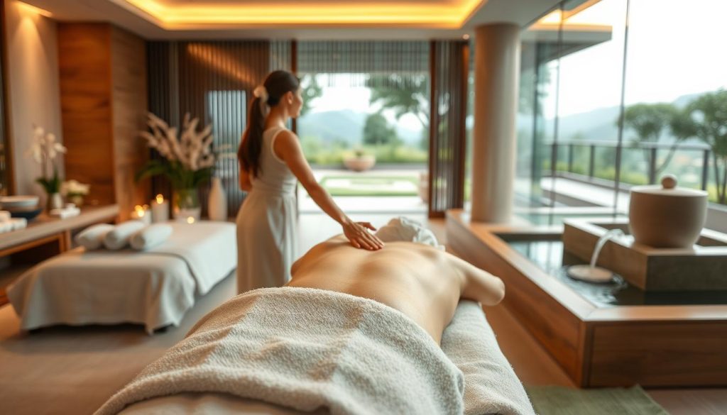 A serene and tranquil spa experience in a luxurious setting. The interior is adorned with soothing natural tones, plush fabrics, and soft lighting. In the foreground, a masseuse's hands gracefully work on a client's back, surrounded by the calming ambiance of the spa. The middle ground features elegant decor, such as a wooden massage table and soothing water features. The background showcases a peaceful garden or landscape, creating a harmonious and rejuvenating atmosphere. The overall scene conveys a sense of relaxation, indulgence, and high-quality service, reflecting the essence of the "Avcılar Masaj ve Spa" experience.