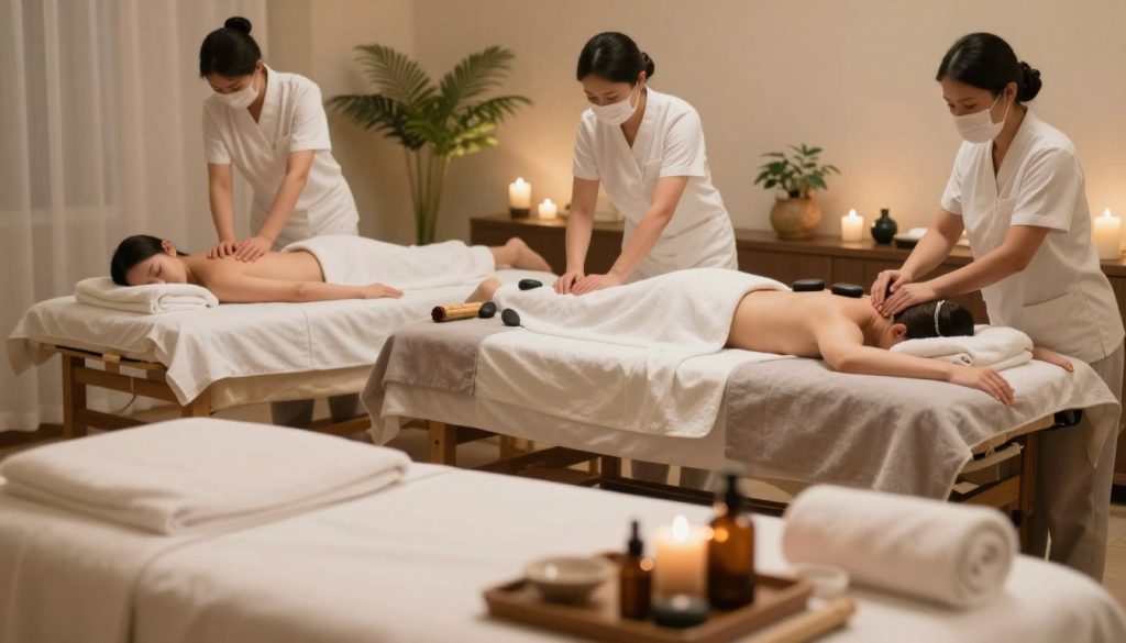 A serene and tranquil spa setting featuring a variety of massage techniques. In the foreground, display a massage table adorned with soft towels and essential oils, emphasizing a peaceful atmosphere. In the middle, include three distinct demonstration areas: one showcasing a classical Swedish massage, another illustrating deep tissue techniques, and a third highlighting the principles of Shiatsu, each with appropriate props like hot stones and bamboo sticks. The background should feature calming decor, such as indoor plants and soft lighting, creating a warm ambiance. Use a soft focus to enhance the comforting mood, capturing the essence of diverse massage therapies with a gentle, inviting light that emphasizes relaxation. The composition should evoke the peaceful nature of self-care and therapeutic practices.