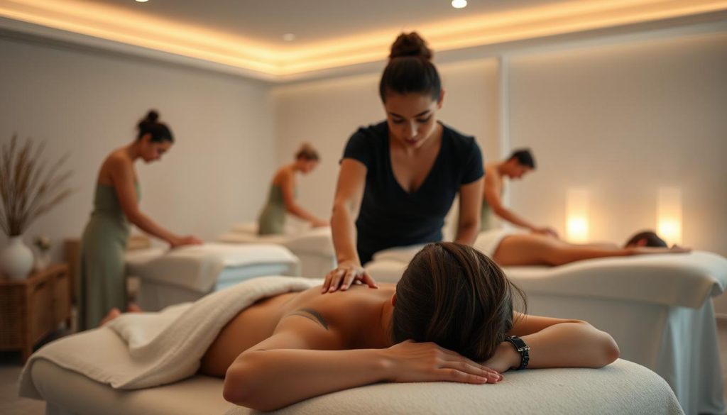 A serene and tranquil spa setting with an array of professional massage therapists, each focused on providing personalized care. The scene depicts a well-appointed treatment room bathed in soft, diffused lighting, with minimalist decor and calming earth tones. In the foreground, a skilled masseuse's hands gently work the muscles of a client, their faces obscured to maintain privacy. In the background, additional therapists attend to other guests, all exuding a sense of expertise and dedication to their craft. The overall atmosphere evokes a sanctuary of relaxation and rejuvenation.