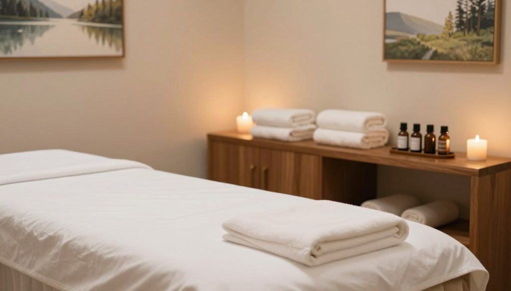 A serene and well-appointed massage therapy room emphasizing hygiene and professionalism. In the foreground, a neatly arranged massage table covered with a clean, crisp white sheet. A small selection of high-quality essential oils in elegant bottles sits on a polished wooden shelf beside the table. In the middle ground, soft, ambient lighting creates a warm atmosphere, illuminating the plush towels and aromatic candles placed artistically around the room. The background features soothing artwork on the walls, depicting tranquil nature scenes, and a soft-color palette that enhances the overall sense of relaxation. The composition captures the essence of cleanliness and care, conveying a comfortable, inviting, and professional environment.