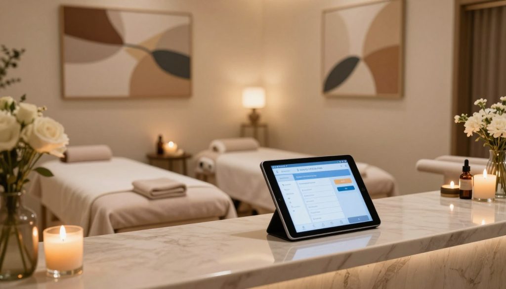 A serene appointment and reservation setting in a luxurious massage therapy studio in Istanbul. The foreground features a polished reception desk with a sleek tablet displaying the booking interface. In the middle, elegant spa decor with soft, neutral colors, plush seating, and aromatic candles creates a welcoming atmosphere. Ambient lighting gently illuminates the space, casting a warm glow. In the background, abstract artwork depicting relaxation and wellness complements the serene vibe. Include elements such as fresh flowers and essential oil bottles, evoking a sense of tranquility. The overall mood is peaceful and inviting, capturing the essence of professional massage therapy services. The image should be well-composed and immersive, with a focus on sophistication and comfort. A serene appointment and reservation setting in a luxurious massage therapy studio in Istanbul. The foreground features a polished reception desk with a sleek tablet displaying the booking interface. In the middle, elegant spa decor with soft, neutral colors, plush seating, and aromatic candles creates a welcoming atmosphere. Ambient lighting gently illuminates the space, casting a warm glow. In the background, abstract artwork depicting relaxation and wellness complements the serene vibe. Include elements such as fresh flowers and essential oil bottles, evoking a sense of tranquility. The overall mood is peaceful and inviting, capturing the essence of professional massage therapy services. The image should be well-composed and immersive, with a focus on sophistication and comfort.