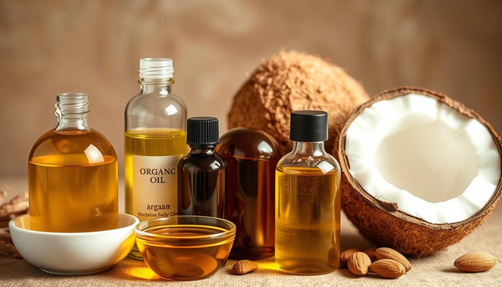 A serene arrangement of various natural body care oils, including organic argan, jojoba, coconut, and almond oils. The oils are presented in glass bottles or small bowls, with soft lighting illuminating their warm, golden hues. The overall composition exudes a sense of purity, wellness, and relaxation, inviting the viewer to imagine the nourishing and soothing properties of these natural ingredients. The background is a minimalist, earthy-toned setting, allowing the oils to take center stage and showcase their natural beauty.