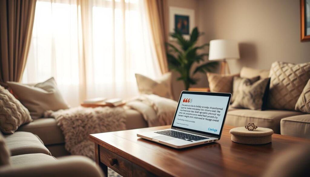 A serene, cozy living room with plush, inviting furniture. Soft, warm lighting filters through sheer curtains, casting a gentle glow. On a wooden coffee table, a laptop displays glowing customer reviews and testimonials, reflecting the business's commitment to client satisfaction. Decorative pillows and a fluffy throw blanket suggest a sense of comfort and care. The overall atmosphere evokes a welcoming, trustworthy ambiance, perfectly suited for an at-home massage service. A serene, cozy living room with plush, inviting furniture. Soft, warm lighting filters through sheer curtains, casting a gentle glow. On a wooden coffee table, a laptop displays glowing customer reviews and testimonials, reflecting the business's commitment to client satisfaction. Decorative pillows and a fluffy throw blanket suggest a sense of comfort and care. The overall atmosphere evokes a welcoming, trustworthy ambiance, perfectly suited for an at-home massage service.