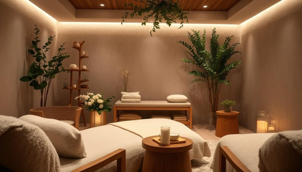 A serene, cozy spa setting with plush lounge chairs, soft lighting, and soothing greenery. Wispy, muted colors create a tranquil atmosphere, evoking a sense of rest and renewal. Delicate floral accents and natural wood elements blend harmoniously, conveying a comforting, organic ambiance. The camera angle is slightly elevated, capturing the scene from an inviting, welcoming perspective. This intimate, post-massage oasis exudes a gentle, calming energy, encouraging deep relaxation and the restoration of the mind and body.