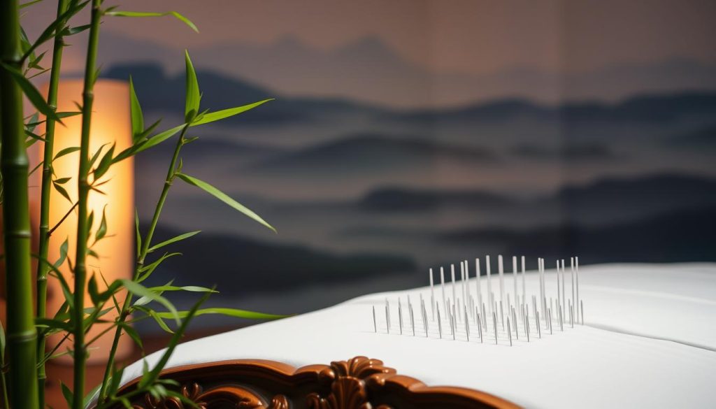 A serene, dimly lit acupuncture treatment room with soft, warm lighting. A delicate bamboo plant in the foreground, its leaves gently swaying. In the middle ground, an ornate, wooden acupuncture table with clean, crisp white linens. On the table, an array of fine, metallic acupuncture needles arranged in an aesthetically pleasing pattern. The background features a tranquil, abstract landscape with soothing hues of blue and green, creating a calming atmosphere. The overall scene conveys a sense of relaxation, wellness, and the holistic, natural approach of alternative medicine.