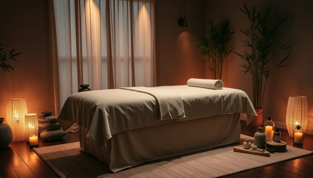 A serene, dimly lit boutique massage studio, with soft, warm lighting illuminating a plush massage table draped in luxurious, high-quality linens. The room is adorned with calming natural elements like river stones, bamboo, and lush plants, creating a tranquil, spa-like ambiance. The camera angle showcases the table, with various massage oils, lotions, and tools neatly arranged nearby, suggesting the personalized, bespoke nature of the therapy. The overall composition evokes a sense of relaxation, rejuvenation, and a tailored wellness experience. A serene, dimly lit boutique massage studio, with soft, warm lighting illuminating a plush massage table draped in luxurious, high-quality linens. The room is adorned with calming natural elements like river stones, bamboo, and lush plants, creating a tranquil, spa-like ambiance. The camera angle showcases the table, with various massage oils, lotions, and tools neatly arranged nearby, suggesting the personalized, bespoke nature of the therapy. The overall composition evokes a sense of relaxation, rejuvenation, and a tailored wellness experience.