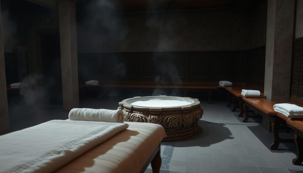 A serene, dimly-lit hamam interior, with a tiled floor and steam-filled atmosphere. In the foreground, a traditional wooden massage table is situated, adorned with fluffy white towels. The middle ground features a large, ornate marble basin filled with sudsy, foaming water, steam rising from its surface. In the background, a row of intricately-carved wooden benches line the walls, creating a sense of timeless tradition. The lighting is soft and diffused, casting a warm, inviting glow throughout the scene. The overall mood is one of tranquility, relaxation, and the fusion of ancient rituals with modern spa experiences.