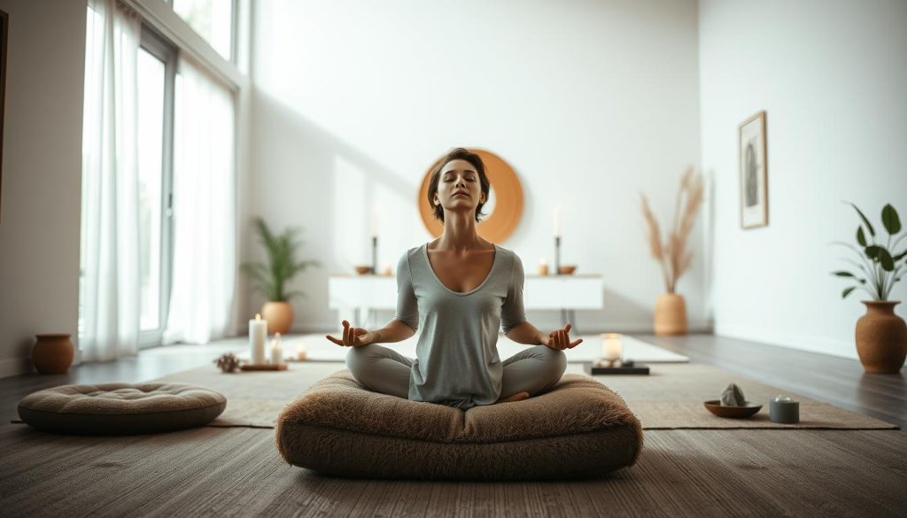 A serene, dimly lit indoor space with soft, natural lighting filtering through large windows. The foreground features a person sitting cross-legged on a plush, earthy-toned meditation cushion, their eyes closed in a state of deep contemplation. The middle ground showcases various elements that encourage holistic wellness, such as a small altar with candles, incense, and natural crystals. The background depicts a tranquil, minimalist room with neutral-colored walls and simple, elegant furnishings, creating an atmosphere of calm and introspection. The overall scene exudes a sense of balance, harmony, and the integration of mind and body.