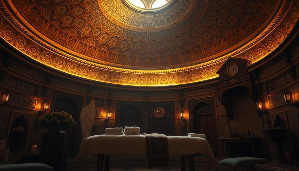 A serene, dimly lit interior of an ancient Turkish bath house, or "Hamam", in Istanbul. The ornate, domed ceiling casts a warm, golden glow over the intricate tile work and ornate architectural details. In the foreground, a massage table stands prominently, adorned with traditional textiles and surrounded by assorted massage oils, herbs, and therapeutic tools. The atmosphere evokes a sense of timeless tradition, wellness, and cultural heritage, capturing the essence of Istanbul's storied history of therapeutic massage practices.