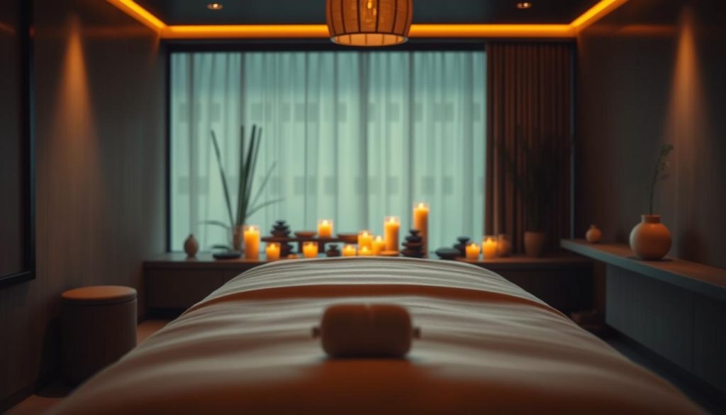 A serene, dimly lit massage parlor with a minimalist, zen-inspired design. Soft, warm lighting creates an intimate atmosphere, casting gentle shadows on the smooth, wooden massage table in the foreground. In the middle ground, an array of soothing, natural elements like river stones, bamboo, and candles set the stage for a personalized, rejuvenating experience. The background fades into a tranquil, nature-inspired setting, evoking a sense of escape from the bustling city outside. The overall composition conveys a harmonious balance between the therapist's skilled touch and the client's deep relaxation.