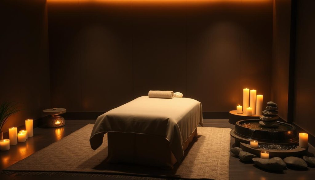 A serene, dimly lit massage parlor, with soft, warm lighting casting a calming glow. In the center, a massage table draped in plush, luxurious fabrics. Surrounding it, an arrangement of tranquil elements - smooth river stones, fragrant candles, and a gently flowing water feature, creating a sense of mental clarity and emotional balance. The space exudes a meditative atmosphere, inviting the viewer to experience the restorative effects of the "zihin netliği masaj" on both the mind and body.