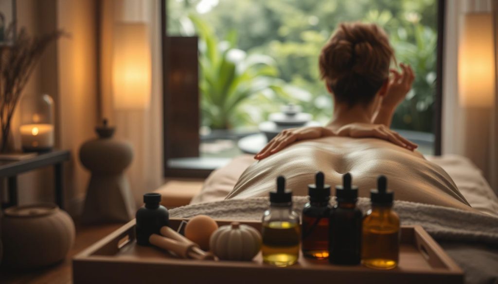 A serene, dimly lit massage studio with soft lighting and a soothing, earthy color palette. In the foreground, a massage therapist's hands expertly manipulate the muscles of a client's back, using a combination of gentle strokes, kneading, and deep tissue techniques. The middle ground showcases various massage tools and oils, neatly arranged on a wooden tray. In the background, a tranquil, natural scene with lush greenery and a calming water feature creates a peaceful, restorative atmosphere. The overall mood is one of relaxation, rejuvenation, and a deep connection between the masseuse and the client.