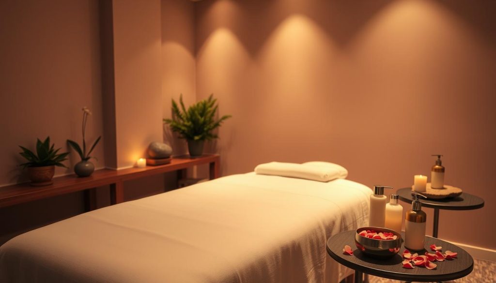 A serene, dimly lit massage therapy room with soft, warm lighting and calming neutral tones. Plush, inviting massage table with clean, crisp linens. Elegant, minimalist decor with natural elements like potted plants and a smooth stone accent piece. Gentle, diffused lighting creates a peaceful, tranquil atmosphere. High-quality massage oils and lotions on a side table, along with a small bowl of fresh flower petals. Elegant, high-quality massage tools and accessories are neatly arranged, conveying a sense of professionalism and attention to detail. The overall scene exudes a soothing, private, and confidential ambiance.