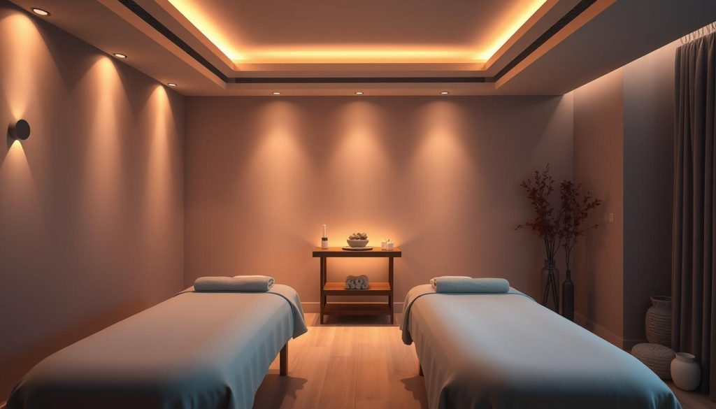 A serene, dimly lit massage therapy studio in Istanbul, Turkey. Soft, warm lighting emanates from recessed wall fixtures, casting a calming glow over the minimalist, natural-toned decor. Smooth, rounded massage tables stand at the center, inviting visitors to indulge in rejuvenating treatments. The atmosphere radiates a sense of tranquility and relaxation, with muted earth tones and clean, uncluttered lines. A subtle aroma of essential oils permeates the air, heightening the sensory experience. The space exudes an ambiance of professionalism and expertise, hinting at the skilled massage therapists who provide their services within. A serene, dimly lit massage therapy studio in Istanbul, Turkey. Soft, warm lighting emanates from recessed wall fixtures, casting a calming glow over the minimalist, natural-toned decor. Smooth, rounded massage tables stand at the center, inviting visitors to indulge in rejuvenating treatments. The atmosphere radiates a sense of tranquility and relaxation, with muted earth tones and clean, uncluttered lines. A subtle aroma of essential oils permeates the air, heightening the sensory experience. The space exudes an ambiance of professionalism and expertise, hinting at the skilled massage therapists who provide their services within.