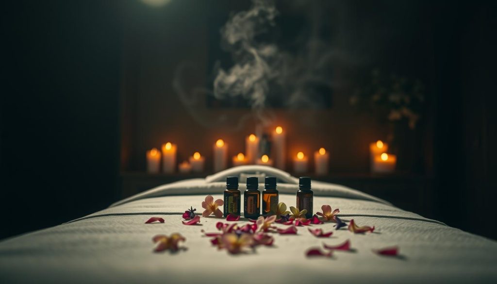 A serene, dimly lit room filled with the warm glow of candles. On a massage table, essential oils diffuse their calming scents, as delicate flower petals are strewn across the surface. Soft, muted lighting casts a soothing ambiance, while a gentle steam mist hovers in the air, creating a tranquil, therapeutic atmosphere. The camera angle is low, capturing the scene from a relaxed, immersive perspective, inviting the viewer to experience the restorative power of the aromatherapy massage.