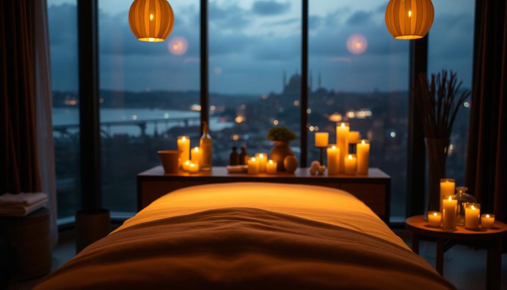 A serene, dimly lit room where soft lighting casts a warm, inviting glow. In the foreground, a plush massage table draped in luxurious fabrics, its surface awaiting the skilled touch of a masseuse. The mid-ground features an array of soothing, fragrant oils and candles, their flickering flames adding to the tranquil ambiance. The background showcases a tranquil cityscape, the distant skyline of Istanbul visible through large windows, hinting at the location of this special, hidden oasis of relaxation and rejuvenation.