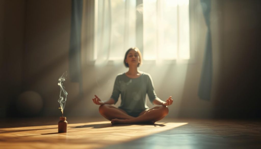 A serene, dimly lit room with soft, natural lighting. A person sitting cross-legged on the floor, their eyes closed in a meditative pose. Wisps of smoke from a burning incense stick drift lazily through the air, creating a calming atmosphere. The background is hazy, blurred, and blends seamlessly with the warm, earthy tones of the room. The overall mood is one of tranquility, introspection, and mindfulness.