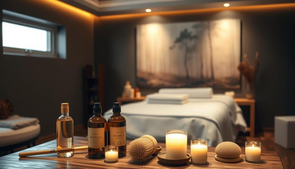 A serene, dimly-lit room with soft, warm lighting casting a gentle glow. In the foreground, an assortment of natural massage oils, brushes, and aromatherapy candles are arranged on a wooden table. Behind them, a massage table, covered in crisp white linens, stands invitingly. In the background, a soothing landscape painting or mural depicts a tranquil forest scene, creating a calming atmosphere. The overall scene conveys a sense of luxurious relaxation and well-being, reflecting the artful techniques and holistic approach of boutique massage therapy. A serene, dimly-lit room with soft, warm lighting casting a gentle glow. In the foreground, an assortment of natural massage oils, brushes, and aromatherapy candles are arranged on a wooden table. Behind them, a massage table, covered in crisp white linens, stands invitingly. In the background, a soothing landscape painting or mural depicts a tranquil forest scene, creating a calming atmosphere. The overall scene conveys a sense of luxurious relaxation and well-being, reflecting the artful techniques and holistic approach of boutique massage therapy.