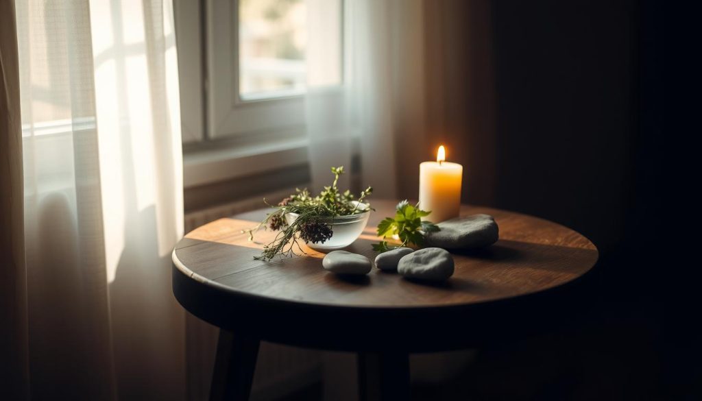 A serene, dimly lit room with soft, warm lighting filtering in through a window, casting a gentle glow on a simple, wooden table. On the table, a variety of natural elements are arranged with care - a small bowl of freshly harvested herbs, a few smooth river stones, and a single, unlit candle. The atmosphere is one of quiet contemplation and introspection, inviting the viewer to pause and engage in the restorative practice of "şifa orucu", or the healing fast.