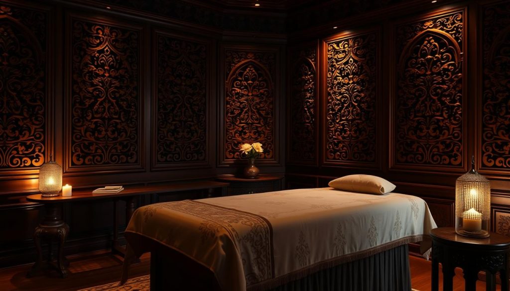 A serene, dimly lit spa room with intricately carved wooden panels adorning the walls, reflecting the rich heritage of the Ottoman Empire. Soft, ambient lighting casts a warm glow, setting the mood for a luxurious massage experience. In the foreground, a traditional Ottoman-style massage table, adorned with plush, embroidered fabrics, awaits the client. Delicate, ornate details on the table and surrounding furniture evoke the opulence of the era. The overall atmosphere is one of tranquility, history, and the skilled touch of the masseuse, transporting the viewer to the heart of Istanbul's storied massage traditions.
