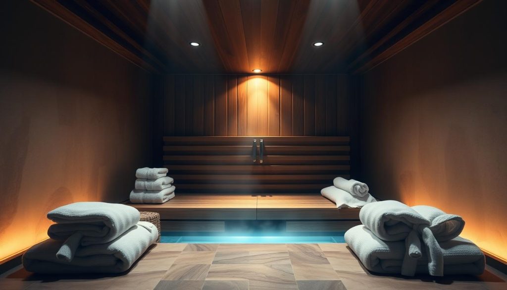 A serene, dimly-lit spa setting with a wooden sauna in the center, steam gently rising. Soft, ambient lighting casts a warm, relaxing glow, accentuating the natural textures of the space. Plush towels and robes are neatly arranged, inviting visitors to indulge in a luxurious, rejuvenating experience. The background features soothing, earthy tones and subtle, abstract patterns, creating a calming, spa-like atmosphere. The composition is balanced, with the sauna as the focal point, surrounded by complementary elements that enhance the overall sense of tranquility and well-being.