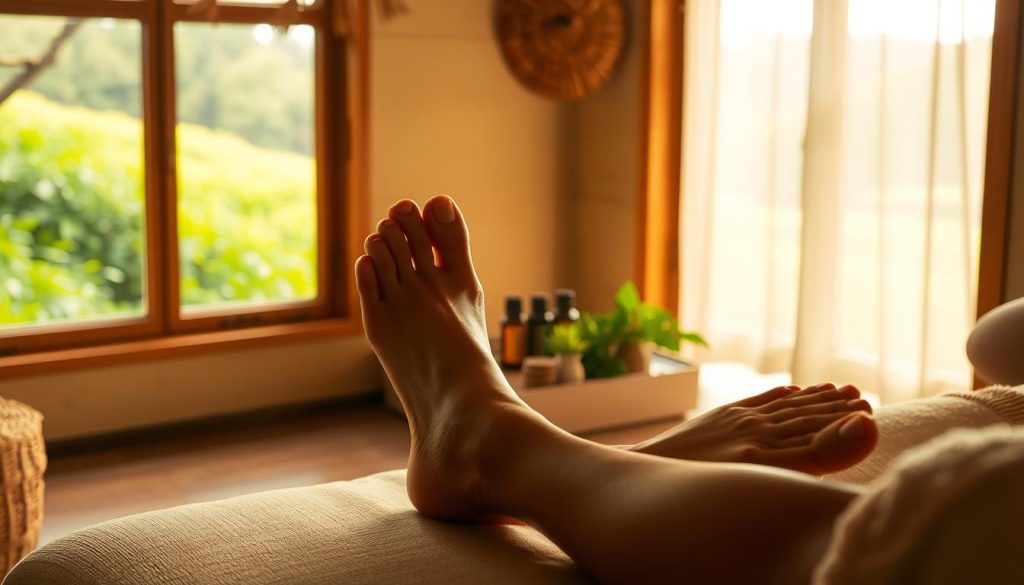A serene foot reflexology scene set in a tranquil, dimly lit spa environment. The foreground features a pair of feet resting on a wooden foot massage table, with the therapist's hands gently working on pressure points. Soft, natural lighting casts a warm, soothing glow, creating an atmosphere of relaxation and rejuvenation. In the middle ground, essential oils and calming herbs are arranged, symbolizing the holistic benefits of reflexology. The background depicts a lush, verdant landscape through a window, conveying a sense of harmony and connection with nature. The overall tone is one of balance, healing, and the restoration of energy flow. A serene foot reflexology scene set in a tranquil, dimly lit spa environment. The foreground features a pair of feet resting on a wooden foot massage table, with the therapist's hands gently working on pressure points. Soft, natural lighting casts a warm, soothing glow, creating an atmosphere of relaxation and rejuvenation. In the middle ground, essential oils and calming herbs are arranged, symbolizing the holistic benefits of reflexology. The background depicts a lush, verdant landscape through a window, conveying a sense of harmony and connection with nature. The overall tone is one of balance, healing, and the restoration of energy flow.