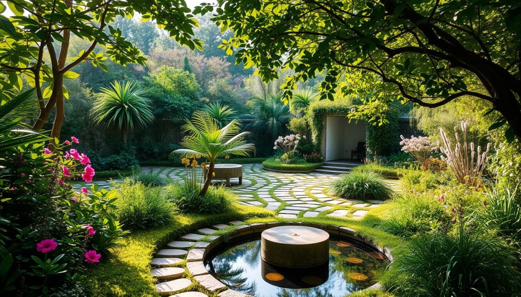 A serene garden oasis, lush with thriving greenery and vibrant blooms. Sunlight filters through the canopy, casting a warm, natural glow. In the foreground, a tranquil water feature reflects the tranquil scene, its soothing sounds calming the mind. Winding paths invite exploration, leading towards a secluded meditation alcove, where a harmonious balance of physical and mental well-being can be attained. The overall atmosphere exudes a sense of rejuvenation and inner peace, capturing the essence of "sağlıklı yaşam" - a healthy, balanced lifestyle.