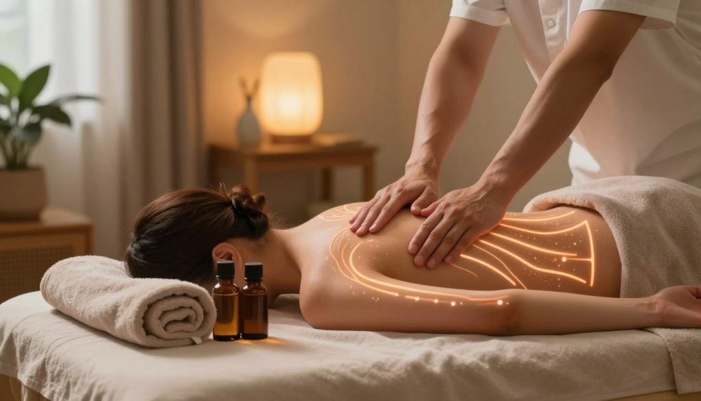 A serene home environment showcasing a calming massage setup, emphasizing the concept of circulation support through massage. In the foreground, a plush massage table adorned with soft towels and essential oil bottles. The middle ground presents a pair of hands performing a gentle massage on a human silhouette, illustrated with glowing energy lines radiating outward to symbolize improved circulation. In the background, a softly lit room with warm, inviting colors, including plants and ambient lighting, contributing to a peaceful atmosphere. The scene is captured in warm, diffused lighting to evoke a sense of tranquility and care, highlighting the therapeutic nature of home massage practices for circulation enhancement.