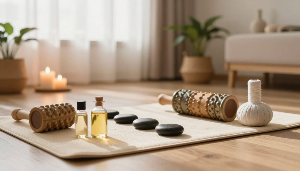A serene home setting showcasing various alternative massage techniques suitable for at-home practice. In the foreground, a neatly arranged massage mat with natural oils, stones, and a variety of massage tools like rollers and balls. In the middle ground, a soft-lit area with candles and soothing plants, creating a tranquil atmosphere. The background features a cozy room with gentle sunlight filtering through light curtains, enhancing the calming vibe. The overall composition conveys relaxation and wellness, with warm tones and inviting textures, emphasizing a peaceful, therapeutic environment perfect for self-care and holistic healing practices. No human figures are present, maintaining focus on the tools and atmosphere.