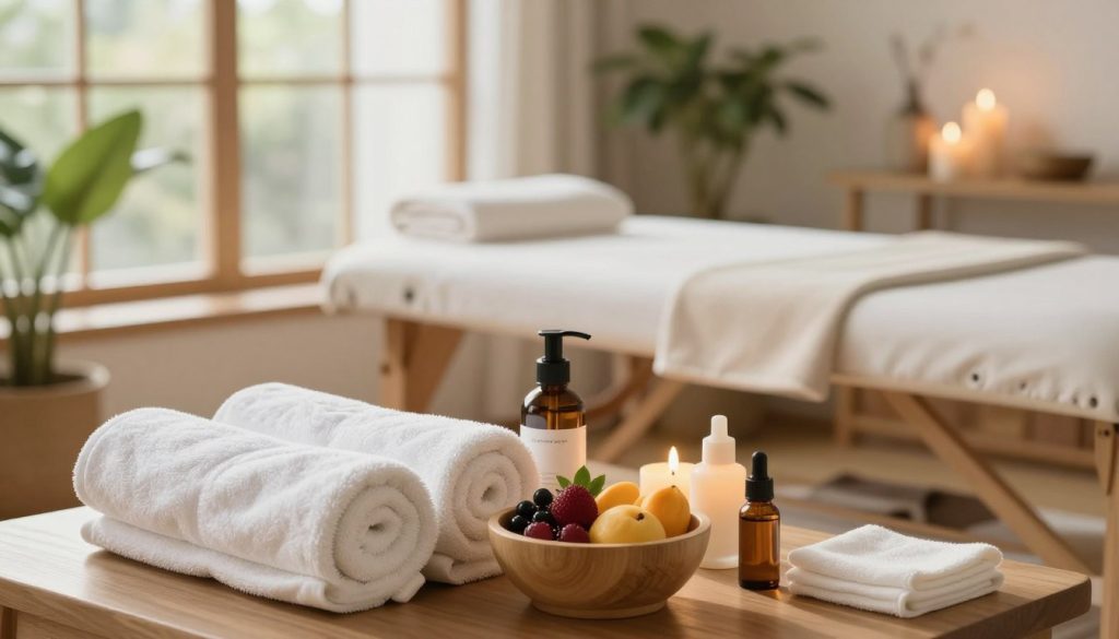 A serene home spa experience, featuring an elegantly arranged corner with natural skincare products. In the foreground, a plush white towel rolls are neatly arranged, alongside bamboo bowls filled with fresh fruits and essential oils. The middle ground showcases a wooden massage table adorned with soft, folded linens and candles flickering gently, exuding a warm, inviting glow. In the background, large windows allow soft, diffused sunlight to filter in, illuminating lush indoor plants that add to the tranquil atmosphere. The color palette is soothing with earthy tones, creating a peaceful and rejuvenating ambiance. The overall mood is holistic and calming, promoting relaxation and natural beauty.