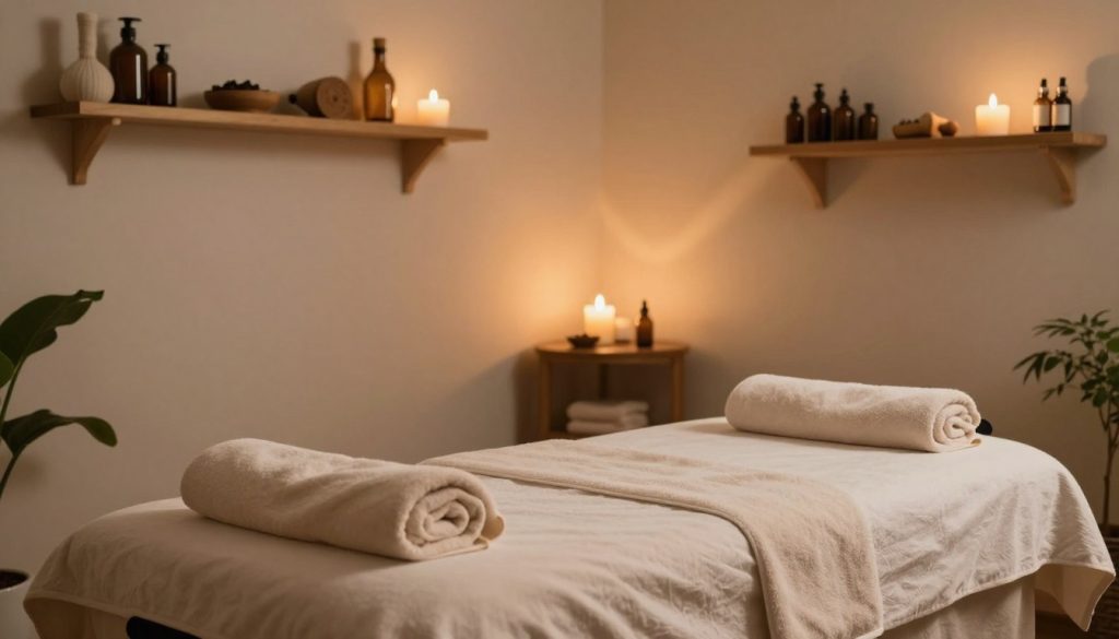 A serene interior of a massage room showcasing the concept of "closest massage" with inviting elements. In the foreground, a plush massage table adorned with soft towels and aromatic essential oils creates a calm atmosphere. In the middle, a warm, soothing light from candles casts gentle reflections on the walls, which are painted in soft, neutral tones to enhance tranquility. In the background, shelves lined with various massage tools and healing herbs provide a sense of professionalism and warmth. A peaceful ambiance is emphasized by natural elements like indoor plants subtly placed around the room. Capture this scene from a slight angle to highlight the inviting and relaxing environment, evoking a sense of comfort and accessibility.