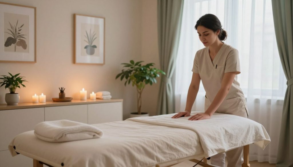 A serene interior scene depicting a professional massage therapy room in Istanbul that caters to English-speaking clients. In the foreground, an elegant massage table adorned with soft, neutral-colored linens and a few aromatic candles emitting a warm glow. The middle layer features soothing elements like potted plants and calming artwork on the walls, creating a tranquil atmosphere. The background showcases a large window with sheer drapes allowing soft natural light to filter in, enhancing the peaceful ambiance. The overall color palette is soft and inviting, with shades of beige, cream, and light green, promoting relaxation and comfort. The image conveys a sense of professionalism and serenity, ideal for showcasing the services of English-speaking massage therapists in this vibrant city. A serene interior scene depicting a professional massage therapy room in Istanbul that caters to English-speaking clients. In the foreground, an elegant massage table adorned with soft, neutral-colored linens and a few aromatic candles emitting a warm glow. The middle layer features soothing elements like potted plants and calming artwork on the walls, creating a tranquil atmosphere. The background showcases a large window with sheer drapes allowing soft natural light to filter in, enhancing the peaceful ambiance. The overall color palette is soft and inviting, with shades of beige, cream, and light green, promoting relaxation and comfort. The image conveys a sense of professionalism and serenity, ideal for showcasing the services of English-speaking massage therapists in this vibrant city.