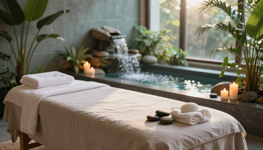 A serene, inviting spa environment designed for relaxation and stress relief. In the foreground, a neatly arranged massage table draped with soft, neutral-toned linens, surrounded by smooth stones and soothing candles emitting a warm glow. The middle features a tranquil indoor water feature, cascading water creating a peaceful ambiance. Lush green plants frame the scene, adding to the sense of calm. In the background, soft, diffused lighting simulates natural sunlight streaming through large windows, enhancing the soothing atmosphere. A color palette of soft blues, greens, and earthy tones contributes to an overall feeling of renewal and relaxation, perfectly encapsulating the essence of stress relief and rejuvenation.